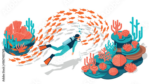 Isometric diver exploring vibrant coral reefs with school of fish underwater