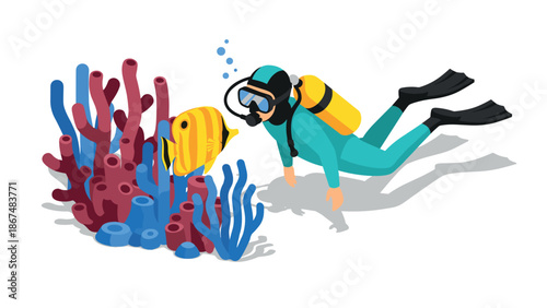 Colorful underwater adventure with diver and tropical fish among coral
