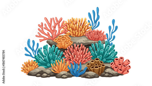 Colorful coral reef composition with diverse marine elements on white background