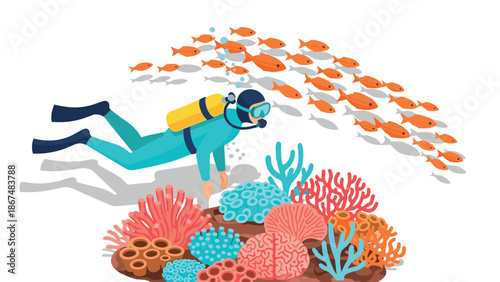 Scuba diver exploring colorful coral reef with fish school in clear ocean
