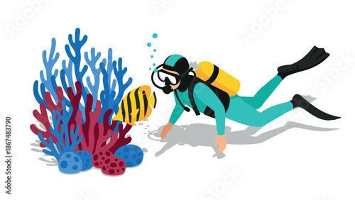Colorful underwater scene with diver exploring coral reef and tropical fish