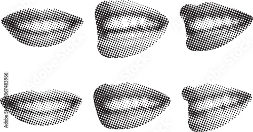Halftone Dot Mouth Illustration Set with Retro Comic Style Facial Expression Elements on White Background