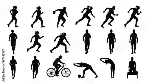 Silhouettes of people engaged in various athletic activities and poses