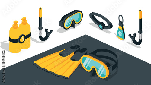 Scuba diving gear in isometric style with snorkel, fins, and goggles on display