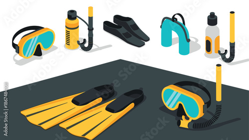 Scuba diving gear set in isometric style featuring masks, snorkels, fins, and water bottles