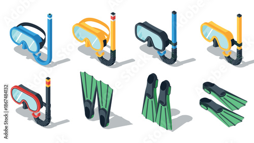 Isometric snorkeling gear set: diving masks and fins collection