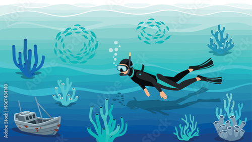 Underwater adventure: diver exploring ocean depths with vibrant marine life