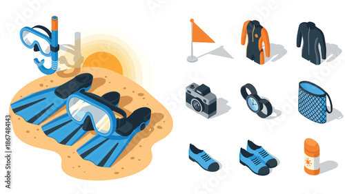 Summer beach essentials with isometric snorkeling gear, wetsuits, and accessories