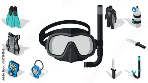 Isometric diving gear set featuring snorkel, goggles, and wetsuit