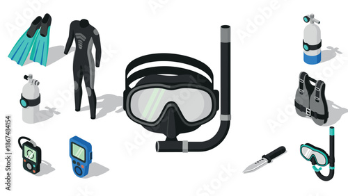 Underwater adventure gear set with isometric diving equipment icons