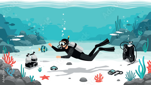 Scuba diver exploring underwater coral reef scene with marine life and scuba gear