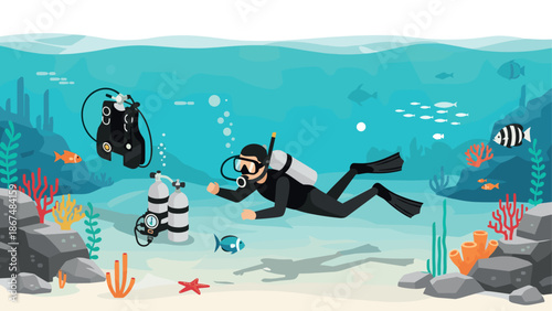 Underwater adventure: scuba diving exploration in vibrant marine ecosystem scene