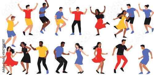 Diverse People Dancing Activities Illustration Set with Happy Celebration Characters, Party Movements, Social Event Scenes for Creative Designs