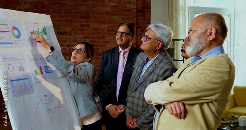 Indian business people discussing projection on chart while senior Asian executives stand close together reviewing growth data on white board inside modern corporate office meeting room
