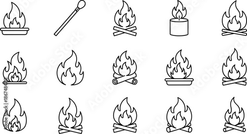 Modern collection of outline fire icons, featuring diverse flame designs, matchstick, campfire, and candle representations, perfect for web, UI, and print graphic design projects