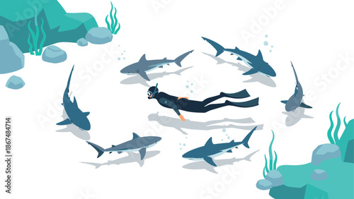 Diver surrounded by sharks in isometric ocean scene with rocks and seaweed