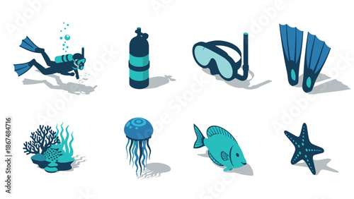 Vibrant underwater elements: scuba gear and marine life collection