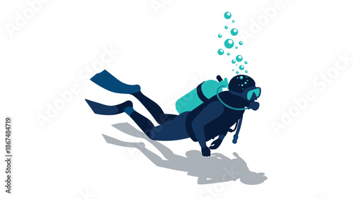 Isometric diver in ocean adventure with scuba gear and bubbles