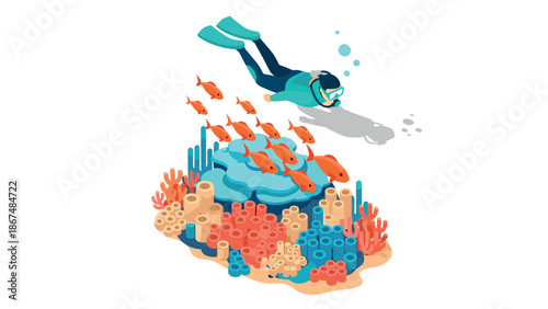 Isometric scuba diver exploring vibrant coral reef with fish