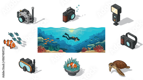 Diving and photography equipment in isometric style with underwater scene