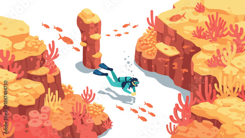 Underwater explorer scuba diving among coral reefs in vibrant marine landscape