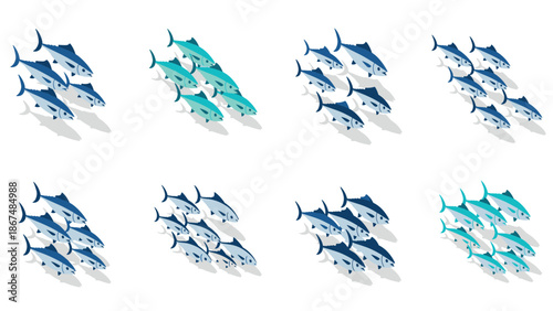 Isometric fish school pattern with blue and turquoise ocean creatures
