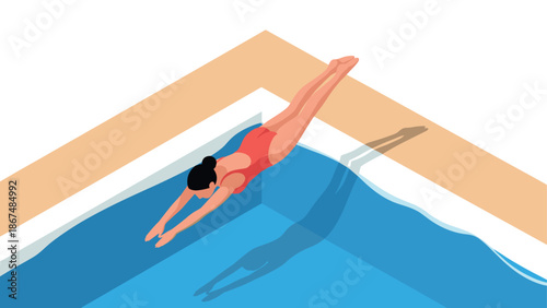 Isometric woman diving into swimming pool with shadow in minimalist style