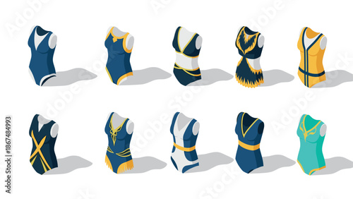 Stylish women's swimsuits collection in isometric design featuring various patterns and colors