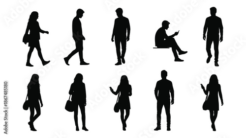 Diverse group of black silhouettes depicting people in different poses and activities