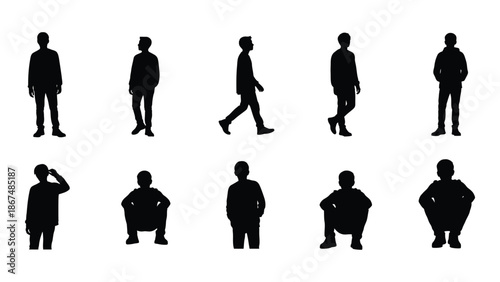 Silhouettes of people in various poses and body types simple black figures