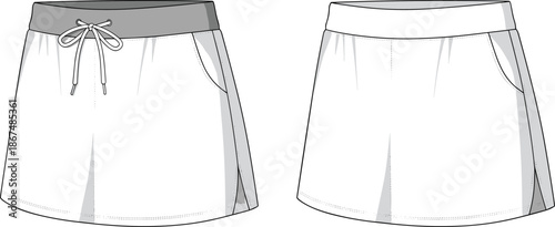 Women skirt technical flat sketch showing front and back views with elastic waistband drawstring pockets and side slit detail