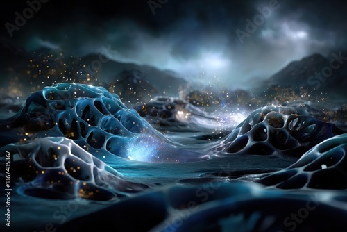 bioluminescent organic landscape with flowing cellular forms and glowing particles in a dark futuristic environment suggesting microscopic life and bio inspired terrain