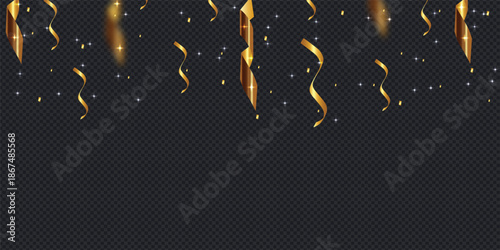 Golden falling confetti and streamers on transparent background for celebration event