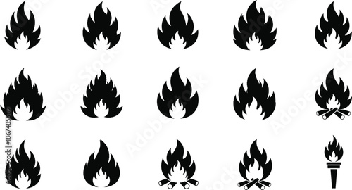 Dynamic collection of stylized black flame icons and diverse fire symbols, ideal for conveying concepts of heat, energy, danger, warmth, and destruction in graphic designs