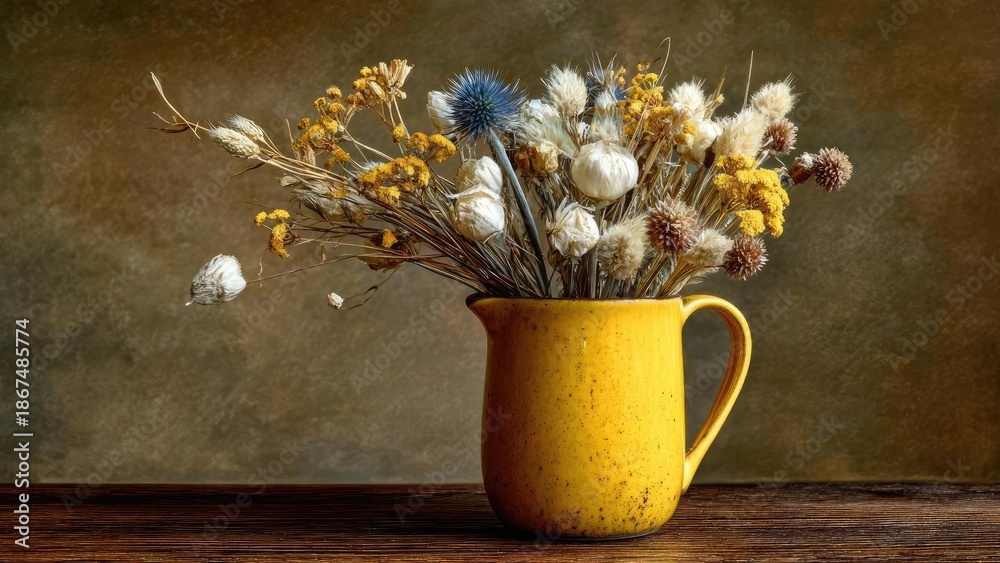 Fototapeta premium Yellow pitcher with a bouquet of dried flowers on a dark wooden table. Concept Yellow pitcher, dried flower bouquet, rustic tabletop, dark wood surface, vintage centerpiece