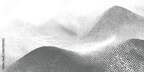 Abstract grey and white halftone dot pattern forming undulating landscape shapes dots