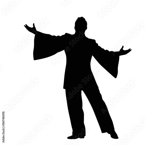 Solo performer on stage, charismatic and expressive silhouette on a transparent background