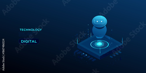 Isometric illustration of a futuristic robot on a digital platform