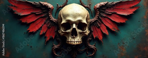 Grungy textured skull within a decaying heraldic crest, emblem, texture, graphic design