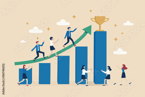 Teamwork and success people climbing towards a trophy on rising graph