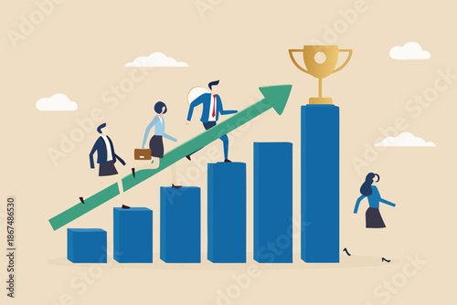 Business people climbing a growth chart towards a golden trophy