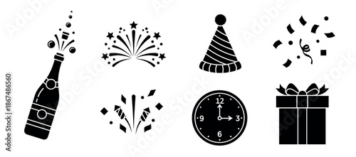 Celebration party event icons set including champagne bottle fireworks party hat confetti clock and gift box perfect for new year holiday greetings banners or invitations