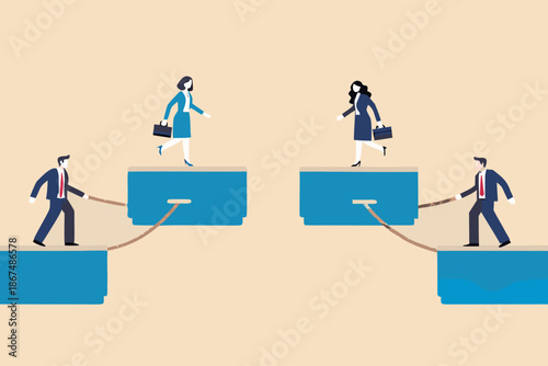 Business people navigating precarious pathways with ropes symbolizing trust and cooperation