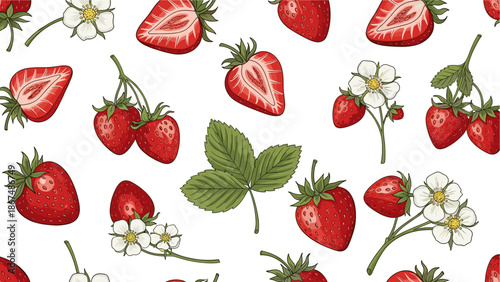 Fresh red strawberries with green leaves and delicate white flowers scattered across, perfect for food packaging, recipe blogs, or healthy lifestyle promotions