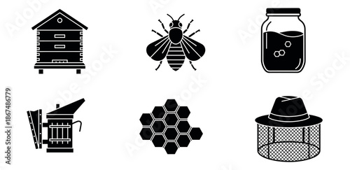 Collection of beekeeping equipment and honey production process glyph icons perfect for apiary related projects agriculture websites or educational materials