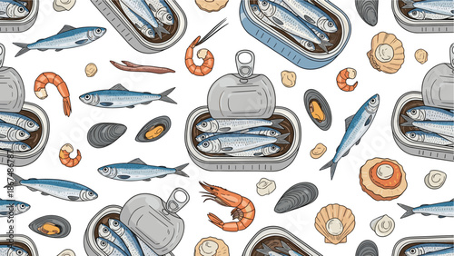 A delectable assortment of fresh and canned seafood including sardines, shrimp, mussels, and scallops for culinary projects or food industry promotions