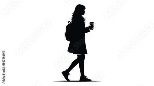 Silhouette of a young woman walking with a backpack and coffee cup