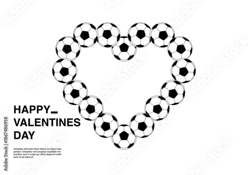 Heart shape made of soccer balls. Valentine's Day concept.