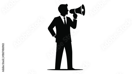 A silhouette of a businessman using a megaphone to make an announcement