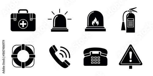 A comprehensive set of essential safety and emergency icons featuring a first aid kit, warning siren, fire alarm, fire extinguisher, lifebuoy, and various communication telephones for